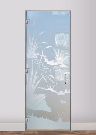 Interior Glass Door featuring Frosted Glass Design Etched Glass by Sans Soucie Art Glass with Custom Foliage Design Flowing Streams
