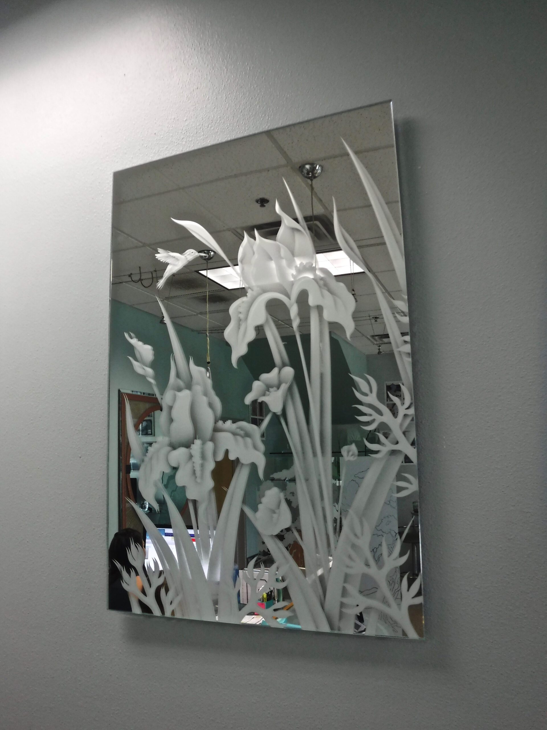 Decorative glass mirror with etched iris poppy