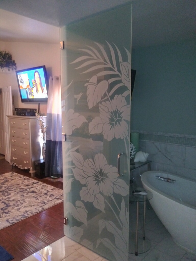 Frameless Hinge All Glass Interior Door Hibiscus Anthurium 1D Private Tropical Coastal Decor Floral Design Sans Soucie