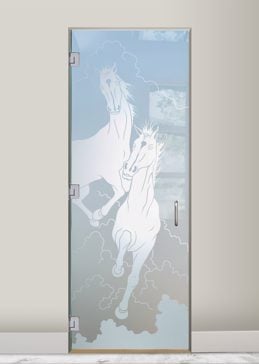 Handcrafted Etched Glass Interior Glass Door by Sans Soucie Art Glass with Custom Western Design Called Stallions Creating Private