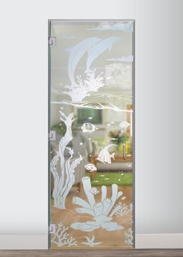 Handcrafted Etched Glass Interior Glass Door by Sans Soucie Art Glass with Custom Oceanic Design Called Aquarium Dolphins Creating Not Private