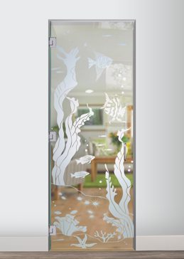 Handmade Sandblasted Frosted Glass Interior Glass Door for Not Private Featuring a Oceanic Design Aquarium Fish by Sans Soucie