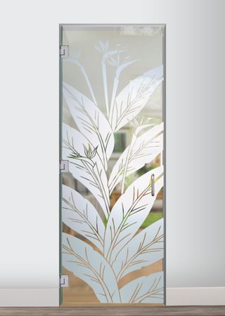 Interior Glass Door featuring a Frosted Glass Tropical Design Sandblast Etched Glass Bird of Paradise Design by Sans Soucie