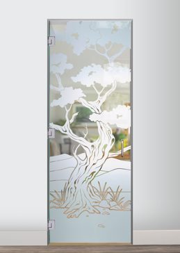 Art Glass Interior Glass Door Featuring Sandblast Frosted Glass by Sans Soucie for Not Private with Asian Bonsai Design