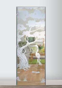 Not Private Interior Glass Door with Sandblast Etched Glass Art by Sans Soucie Featuring Bonsai Egret Asian Design