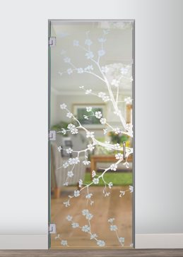 Handcrafted Etched Glass Interior Glass Door by Sans Soucie Art Glass with Custom Asian Design Called Cherry Blossom II Creating Not Private
