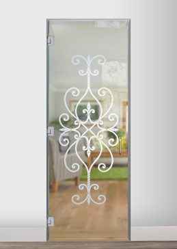 Custom-Designed Decorative Frameless Glass Door Interior with Sandblast Etched Glass by Sans Soucie Art Glass Handcrafted by Glass Artists
