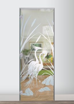 Not Private Interior Glass Door with Sandblast Etched Glass Art by Sans Soucie Featuring Cranes & Cattails Wildlife Design