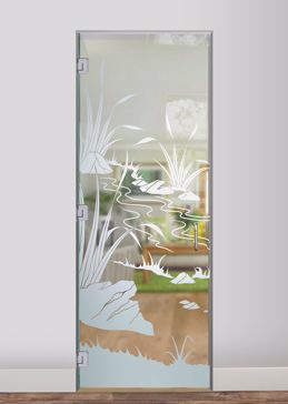 Handcrafted Etched Glass Interior Glass Door by Sans Soucie Art Glass with Custom Foliage Design Called Flowing Streams Creating Not Private