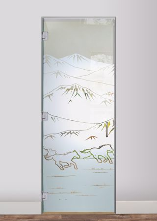 Interior Glass Door featuring a Frosted Glass Western Design Sandblast Etched Glass Galloping in the Vistas Design by Sans Soucie