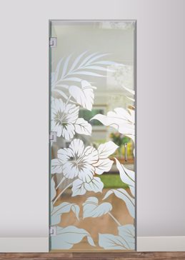 Handmade Sandblasted Frosted Glass Interior Glass Door for Not Private Featuring a Tropical Design Hibiscus Anthurium by Sans Soucie