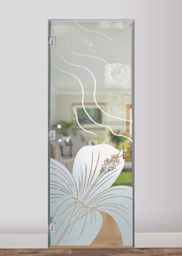 Not Private Interior Glass Door with Sandblast Etched Glass Art by Sans Soucie Featuring Hibiscus Ripples Tropical Design