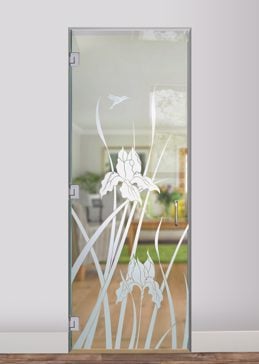 Handmade Sandblasted Frosted Glass Interior Glass Door for Not Private Featuring a Floral Design Iris Hummingbird by Sans Soucie