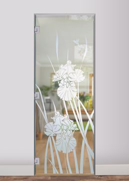 Handmade Sandblasted Frosted Glass Interior Glass Door for Not Private Featuring a Floral Design Iris Hummingbird II by Sans Soucie