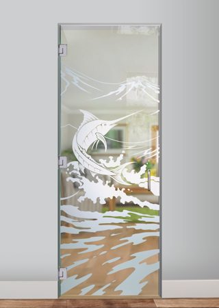 Interior Glass Door with a Frosted Glass Marlin Oceanic Design for Semi-Private by Sans Soucie Art Glass