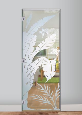 Interior Glass Door featuring a Frosted Glass Tropical Design Sandblast Etched Glass Natural Wonders Design by Sans Soucie