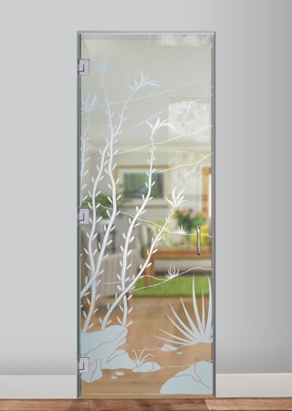 Interior Glass Door showcasing a Frosted Glass Desert Design with Sandblast Etched Glass Art by Sans Soucie Ocotillo Design