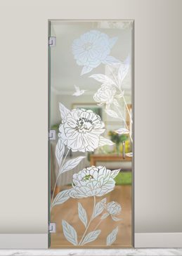 Not Private Interior Glass Door with Sandblast Etched Glass Art by Sans Soucie Featuring Peonies Floral Design