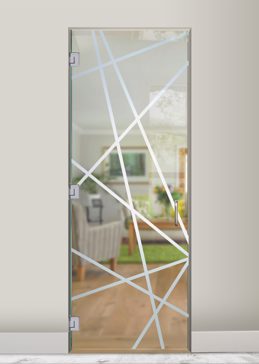 Handcrafted Etched Glass Interior Glass Door by Sans Soucie Art Glass with Custom Geometric Design Called Pick Up Creating Not Private