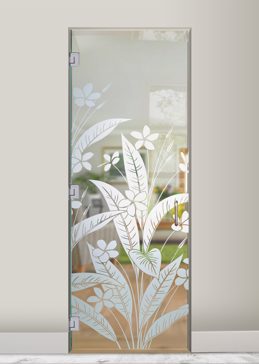 Handmade Sandblasted Frosted Glass Interior Glass Door for Not Private Featuring a Floral Design Plumeria by Sans Soucie