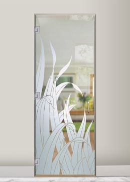 Handcrafted Etched Glass Interior Glass Door by Sans Soucie Art Glass with Custom Foliage Design Called Reeds Creating Not Private