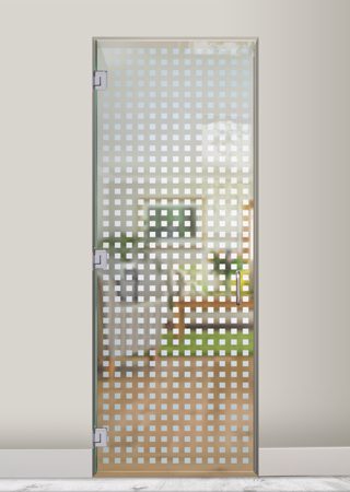 Interior Glass Door featuring Frosted Glass Design Etched Glass by Sans Soucie Art Glass with Custom Geometric Design Squares