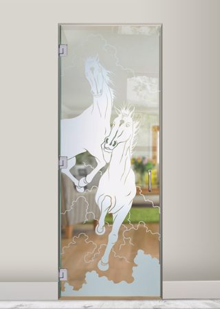 Interior Glass Door featuring Frosted Glass Design Etched Glass by Sans Soucie Art Glass with Custom Western Design Stallions