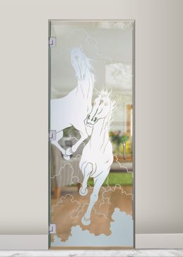 Handcrafted Etched Glass Interior Glass Door by Sans Soucie Art Glass with Custom Western Design Called Stallions Creating Not Private