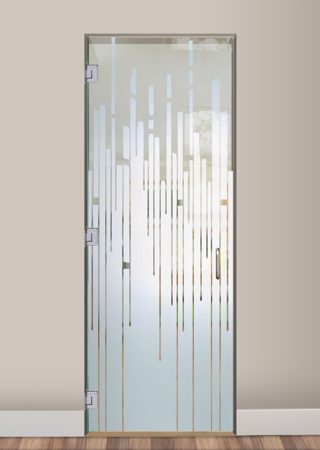 Interior Glass Door showcasing a Frosted Glass Geometric Design with Sandblast Etched Glass Art by Sans Soucie Trickle Design