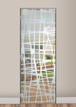 Handcrafted Etched Glass Interior Glass Door by Sans Soucie Art Glass with Custom Geometric Design Called Woven Creating Not Private