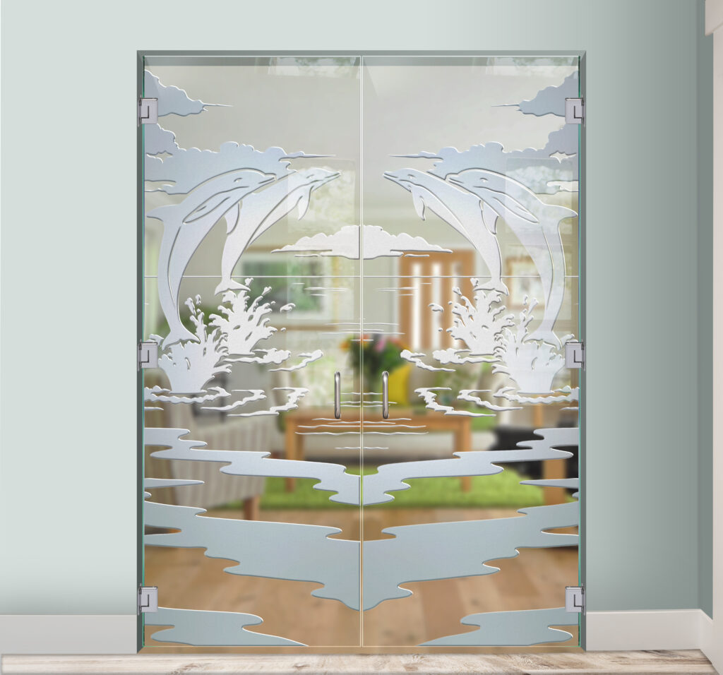 Dolphins Leaping Not Private 3D Clear Frosted Glass Interior Doors Frameless Glass Door Beach Style Sans Soucie