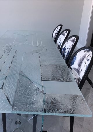 Glass Dining Table featuring a Frosted Glass Traditional Design Sandblast Etched Glass Matrix Chardonnay Design by Sans Soucie