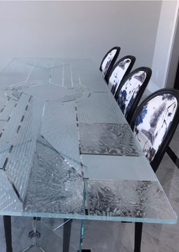 Handmade Sandblasted Frosted Glass Dining Table for Semi-Private Featuring a Abstract Design Matrix Chardonnay by Sans Soucie