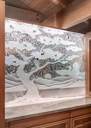 Partition with a Frosted Glass Bonsai Dancing Egret Asian Design for Semi-Private by Sans Soucie Art Glass