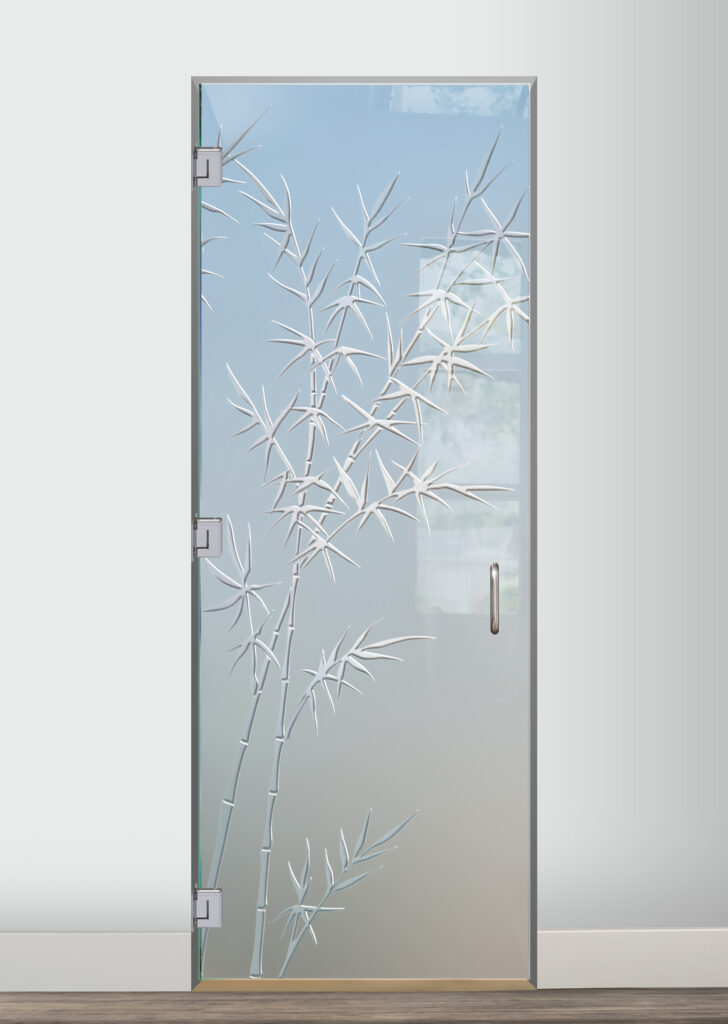 Carved glass shower door with decorative design Bamboo Forest Private 3D Carved Frosted Glass Finish