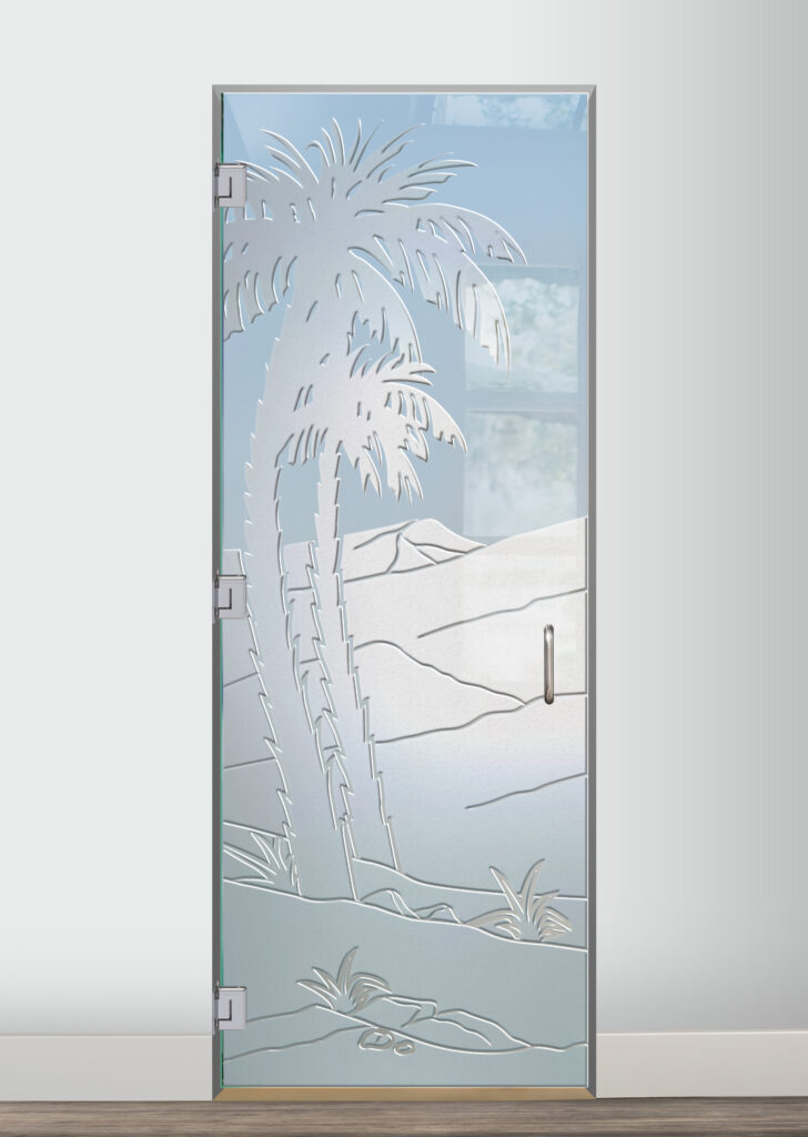3D carved glass shower door with palm tree desert scene on clear glass, detailed etched landscape with hills and plants