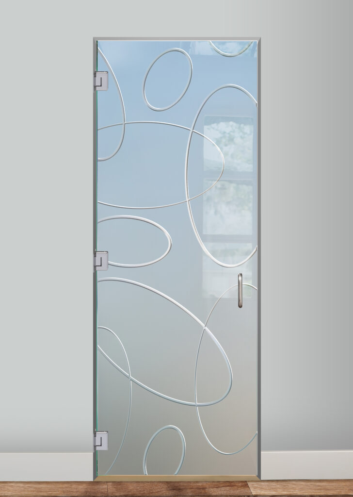 Carved glass shower door with decorative design Ovals Overlap Private 3D Carved Frosted Glass Finish
