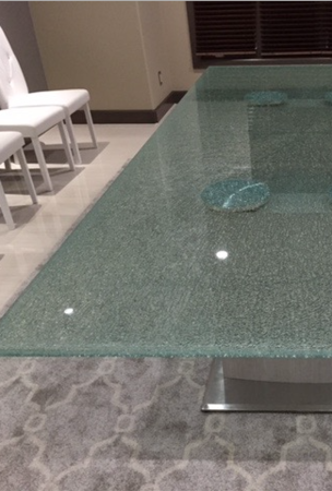 Glass Dining Table with a sandblast Frosted Glass Shattered Glass Design Custom-Designed Decorative Etched Glass