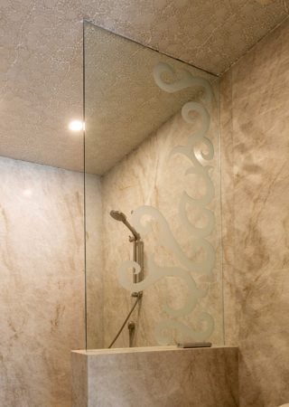 Shower Partition with a Frosted Glass Seville Traditional Design for Semi-Private by Sans Soucie Art Glass