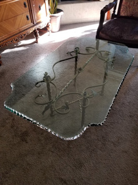 Art Glass Coffee Table Featuring Sandblast Frosted Glass by Sans Soucie for Not Private with Edges Chipped Mitred Polished Edge Concave Design