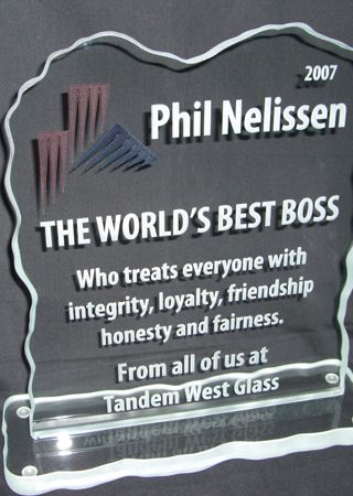 Glass Plaque Award featuring a Frosted Glass Logos Design Sandblast Etched Glass World's Best Boss (similar look) Design by Sans Soucie