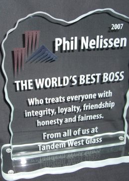 Handmade Sandblasted Frosted Glass Glass Plaque Award for Not Private Featuring a Logos Design World's Best Boss (similar look) by Sans Soucie