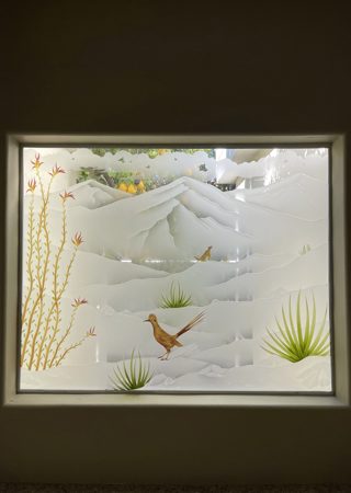 Window showcasing a Frosted Glass Desert Design with Sandblast Etched Glass Art by Sans Soucie Ocotillo Roadrunner Design