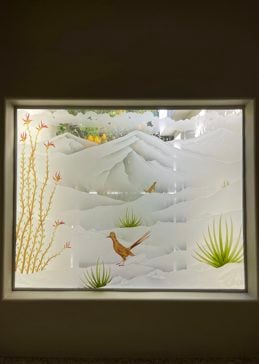 Not Private Window with Sandblast Etched Glass Art by Sans Soucie Featuring Ocotillo Roadrunner Desert Design