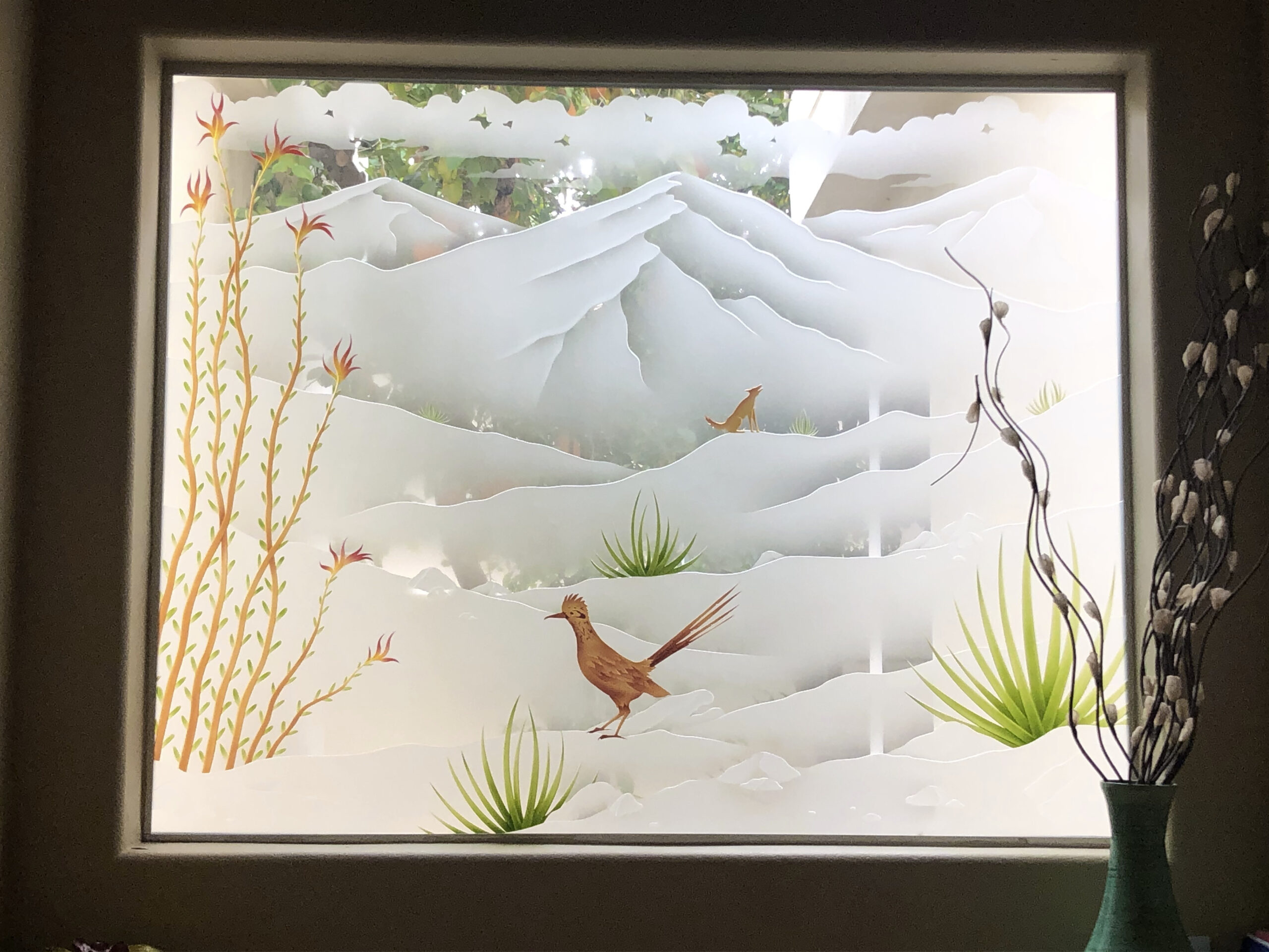 Ocotillo Roadrunner 3D Enhanced Painted Clear Glass Window with desert scene.