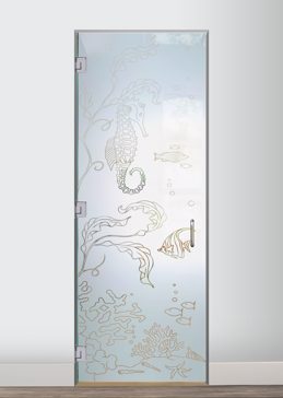 Semi-Private Interior Glass Door with Sandblast Etched Glass Art by Sans Soucie Featuring Aquarium Seahorse Oceanic Design