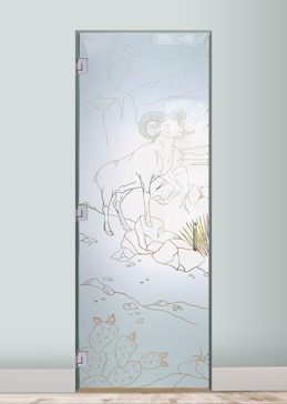 Handmade Sandblasted Frosted Glass Interior Glass Door for Semi-Private Featuring a Wildlife Design Bighorn by Sans Soucie