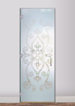 Art Glass Interior Glass Door Featuring Sandblast Frosted Glass by Sans Soucie for Semi-Private with Wrought Iron Corazones Design