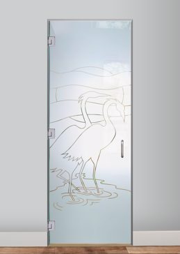 Handcrafted Etched Glass Interior Glass Door by Sans Soucie Art Glass with Custom Tropical Design Called Flamingos Creating Semi-Private