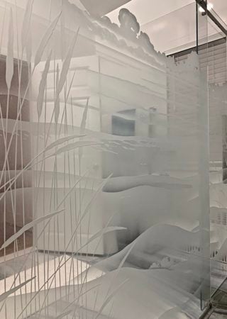 Shower Enclosure showcasing a Frosted Glass Landscapes Design with Sandblast Etched Glass Art by Sans Soucie Beach Grass Design